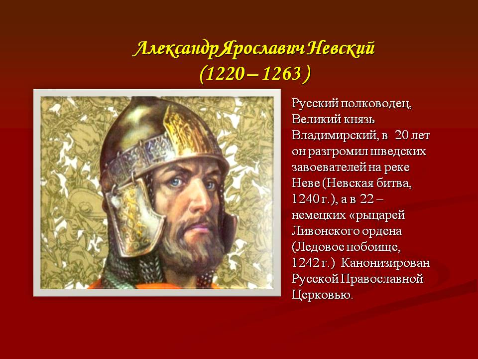 Современником князя. Александр Ярославич Невский. Александр Ярославич Невский 1220. Александр Ярославич Невский (Великий князь Владимирский) 1252 - 1263. Александр Невский (1220-1263 гг.).